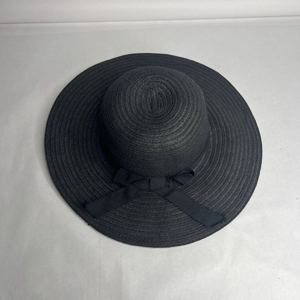 Floppy Hat Brim with Ribbon Women Folding Summer Beach Sun Straw Beach Hat Black - Picture 2 of 4